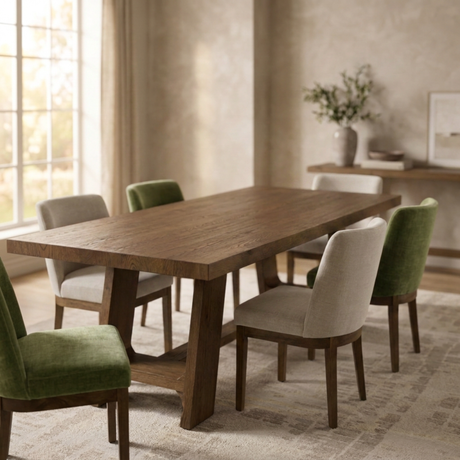White and Green dining chairs around a dining table