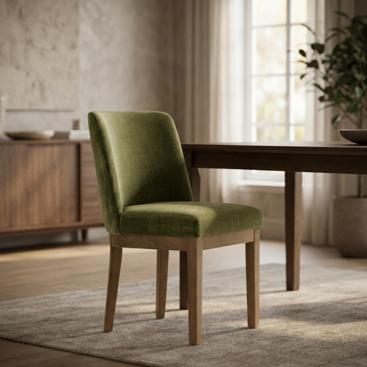 Green dining chair in dining room setting with a dining table