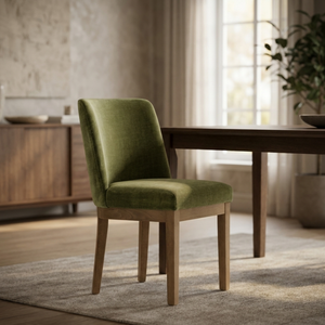 Green dining chair in dining room setting with a dining table
