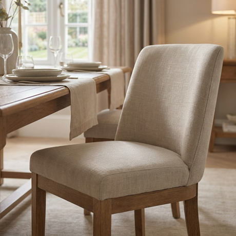 Beige upholstered chair in a dining room setting with a wooden table and neutral decor.