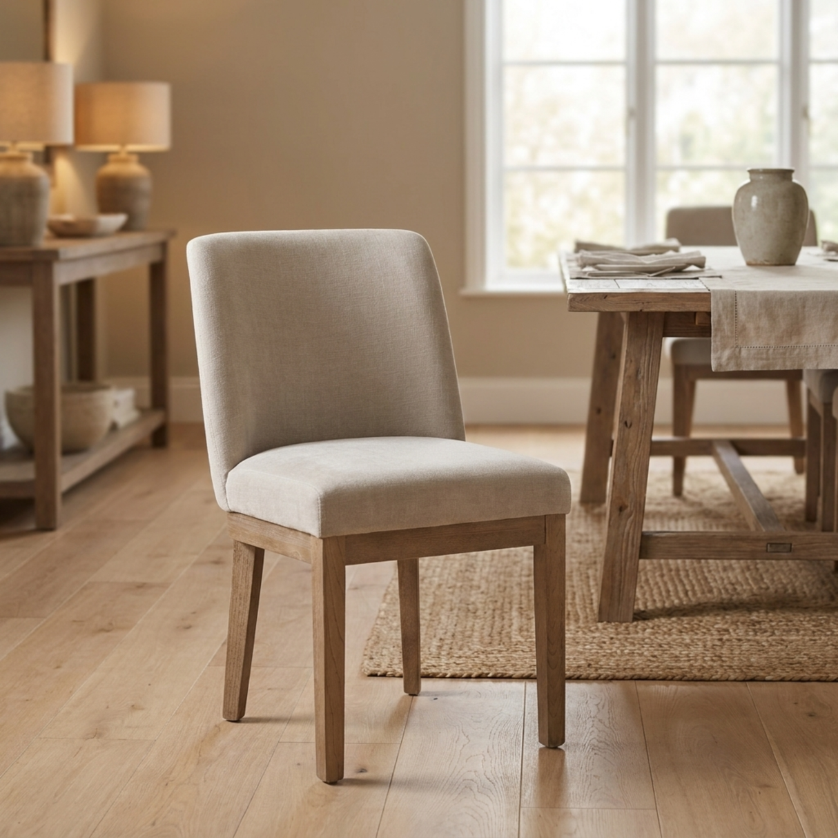 Beige upholstered chair in a dining room setting with wooden table and shelves.