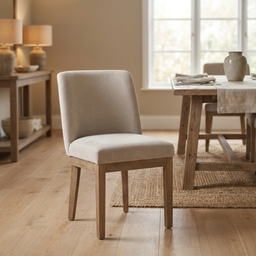 Beige upholstered chair in a dining room setting with wooden table and shelves.