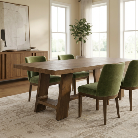 Dining room with wooden table and green chairs in a well-lit room.