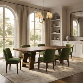 Dining room with wooden table and green chairs, large windows, and a chandelier.
