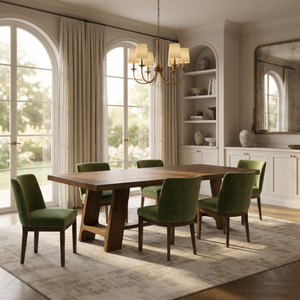 Dining room with wooden table and green chairs, large windows, and a chandelier.