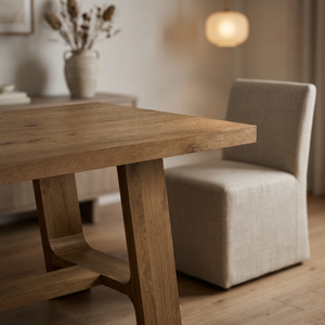 Wooden dining table with a chair in a softly lit room