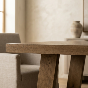 Wooden table in a room with a chair and decorative vase.