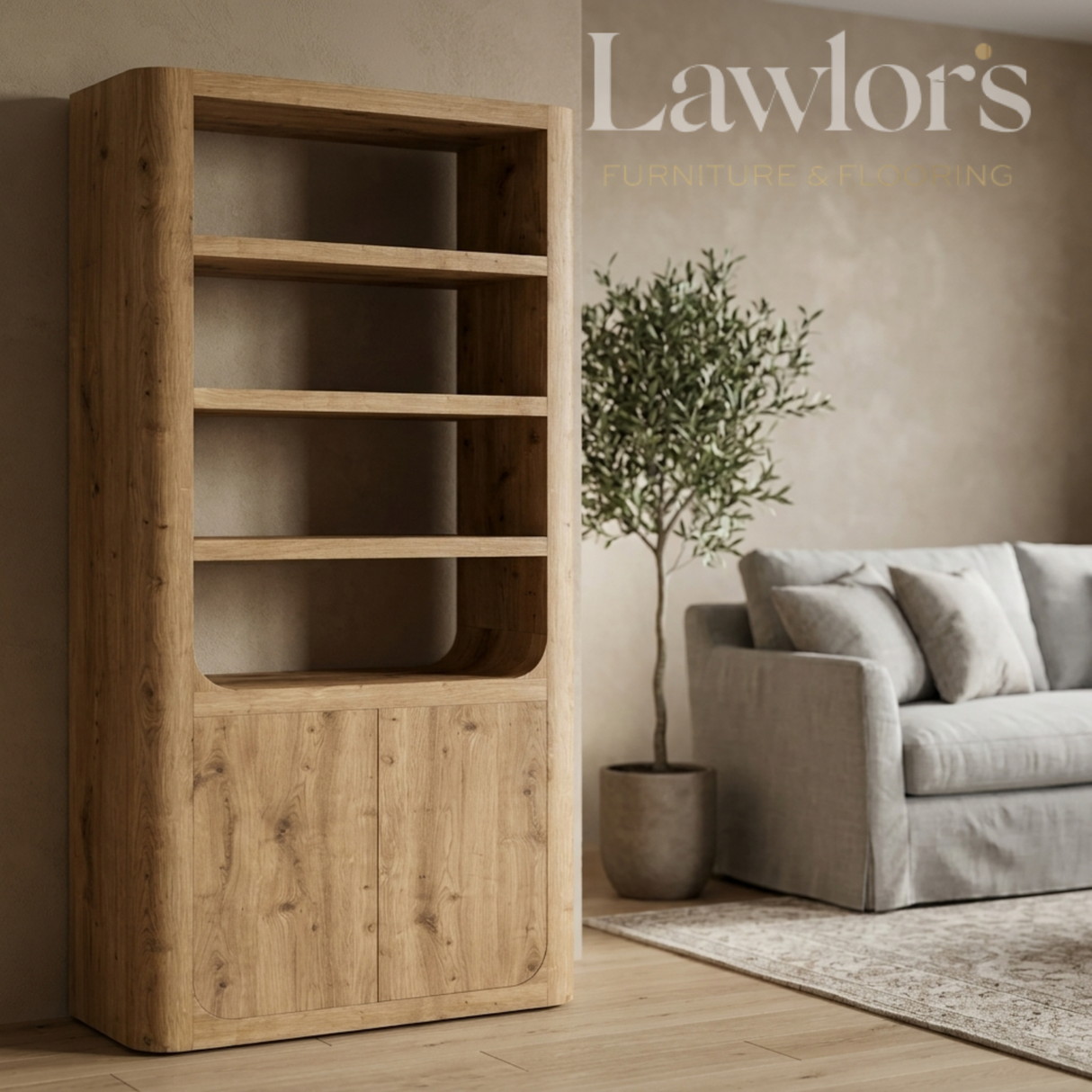 Wooden bookshelf in a living room with a gray sofa and a plant, featuring Lawlor's branding.