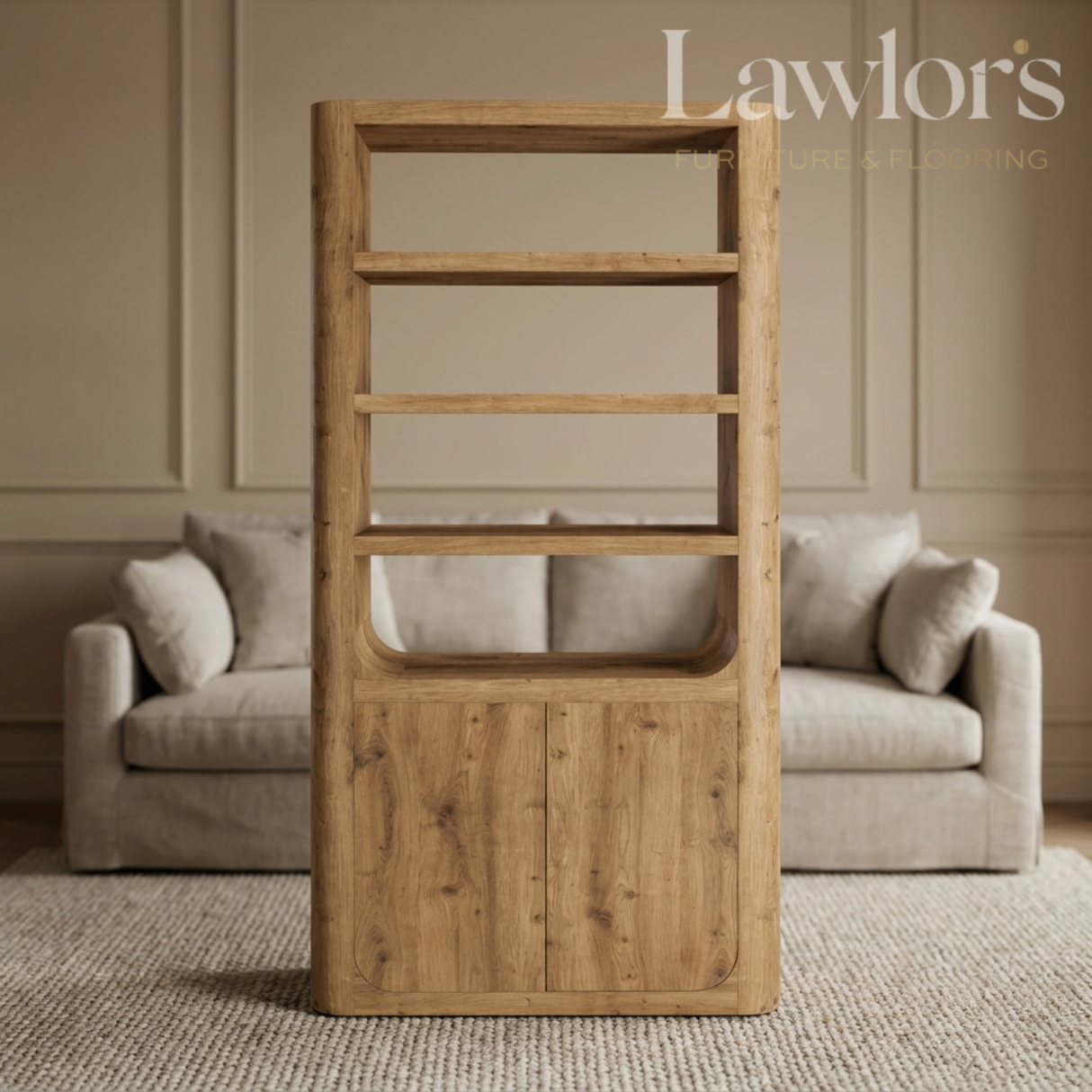 Wooden bookshelf in a room with a sofa and 'Lawlor's' branding.