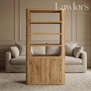 Wooden bookshelf in a room with a sofa and 'Lawlor's' branding.