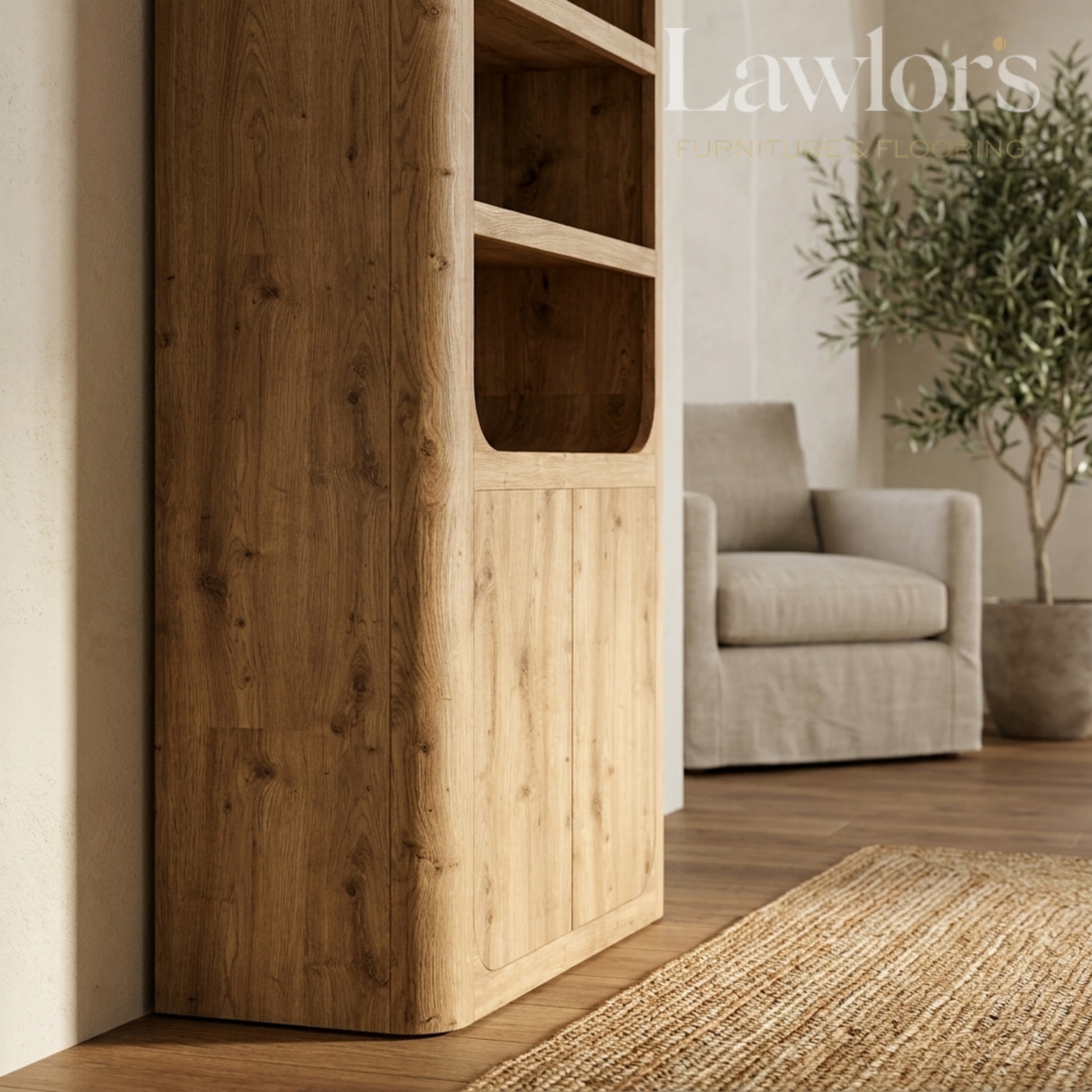 Wooden bookshelf in a living room with a sofa and plant, featuring the Lawlor's brand.