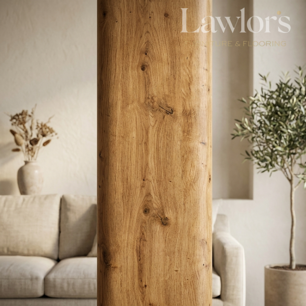 Wooden panel with 'Lawlor's' branding in a living room setting.