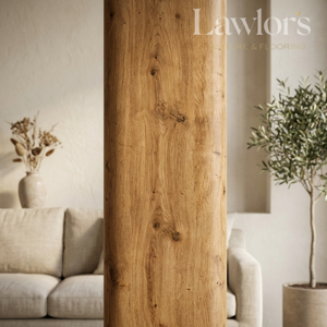 Wooden panel with 'Lawlor's' branding in a living room setting.