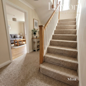 Carpeted mink staircase with a view into a living room
