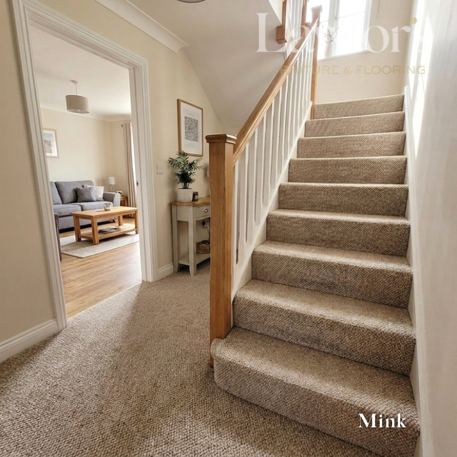 Carpeted mink staircase with a view into a living room
