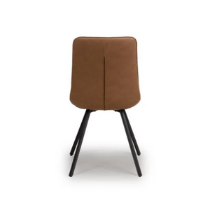 The Miro Chair in Tan & Truffle features faux leather and black metal legs that is elegant and easy to clean, enhancing any dining room experience