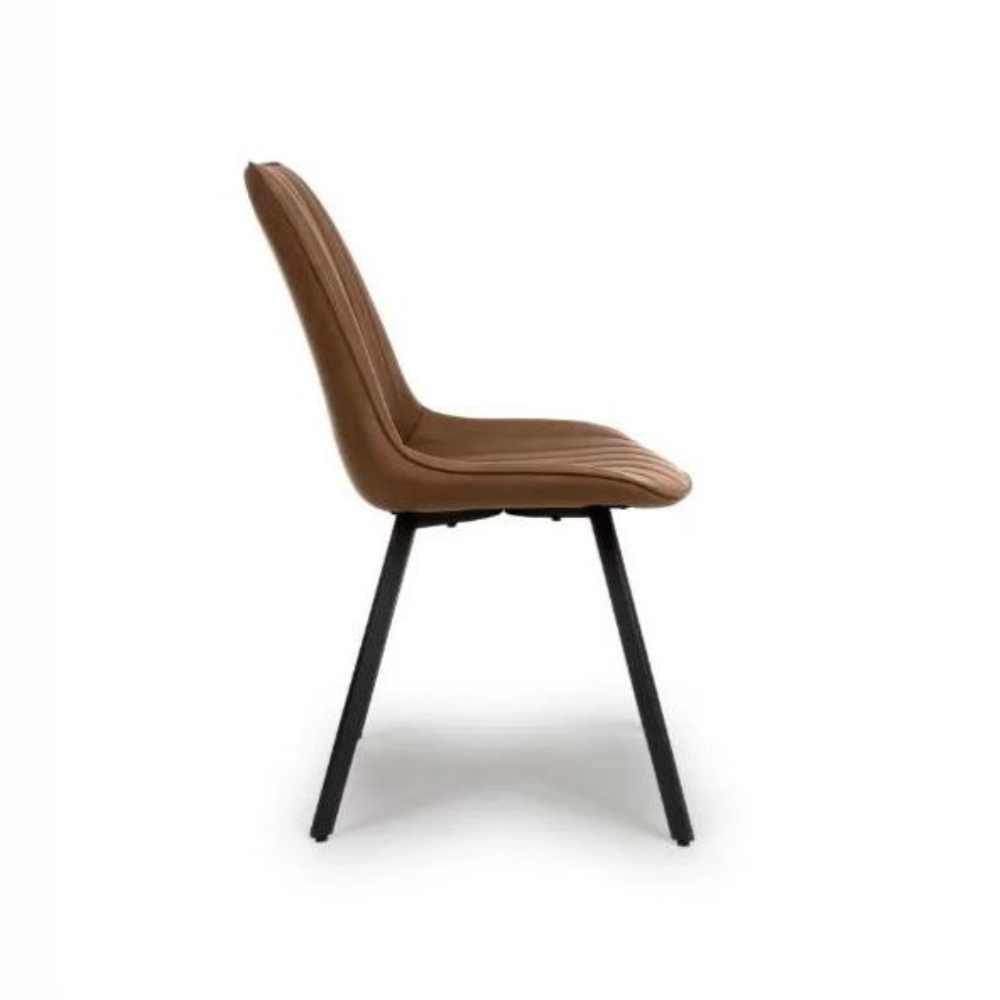 The Miro Chair in Tan & Truffle features faux leather and black metal legs that is elegant and easy to clean, enhancing any dining room experience