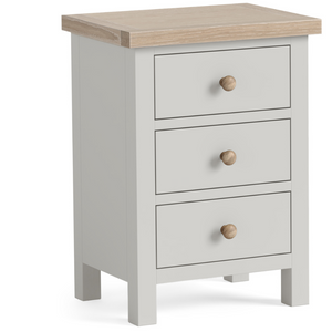 Country Painted Bedside Locker in Light Grey has a compact design and features an oak-effect top, three roomy drawers and antique style knobs.