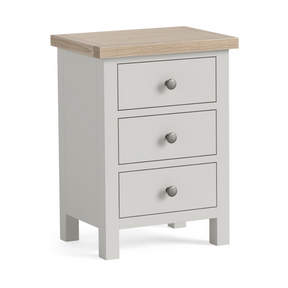 Country Painted Bedside Locker in Light Grey has a compact design and features an oak-effect top, three roomy drawers and antique style knobs.