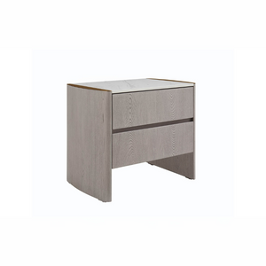 The Mondello 2 Drawer Bedside Table in Washed Oak features a luxurious sintered stone top, stainless steel accents and ample storage for a modern bedroom