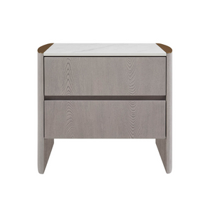 The Mondello 2 Drawer Bedside Table in Washed Oak features a luxurious sintered stone top, stainless steel accents and ample storage for a modern bedroom