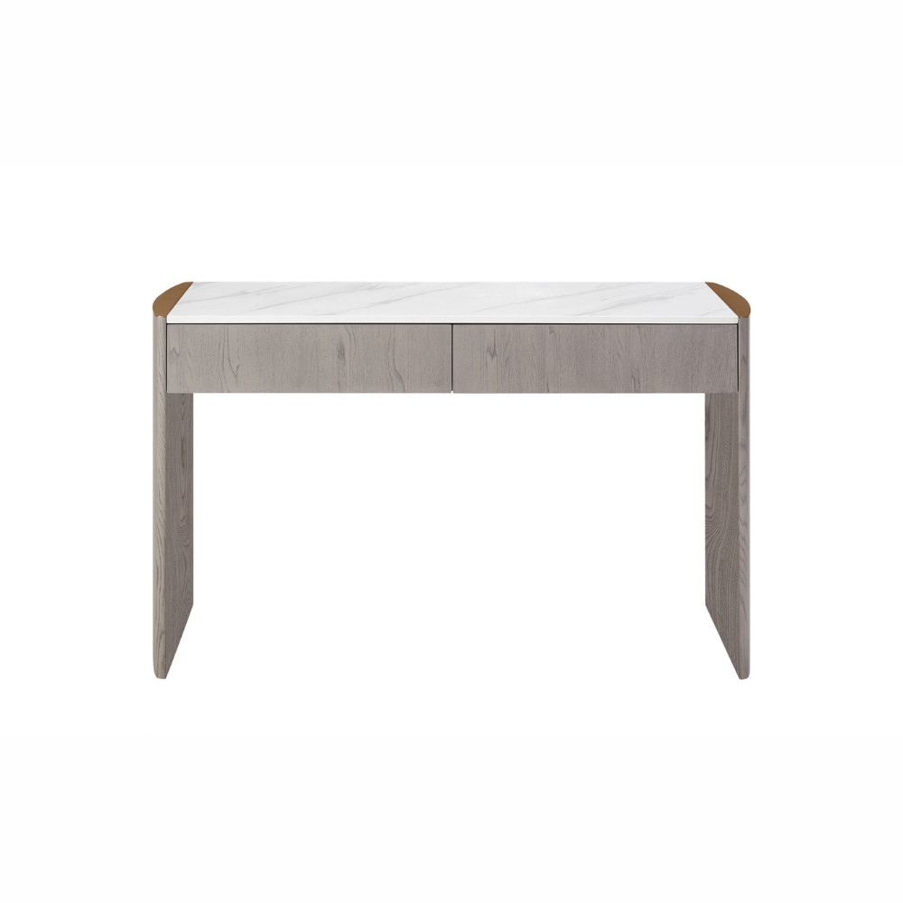 The Mondello 2 Drawer Dressing Table in Washed Oak features a luxurious sintered stone top, sleek steel accents and storage for a stylish practical bedroom