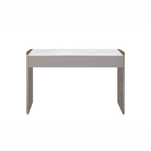 The Mondello 2 Drawer Dressing Table in Washed Oak features a luxurious sintered stone top, sleek steel accents and storage for a stylish practical bedroom