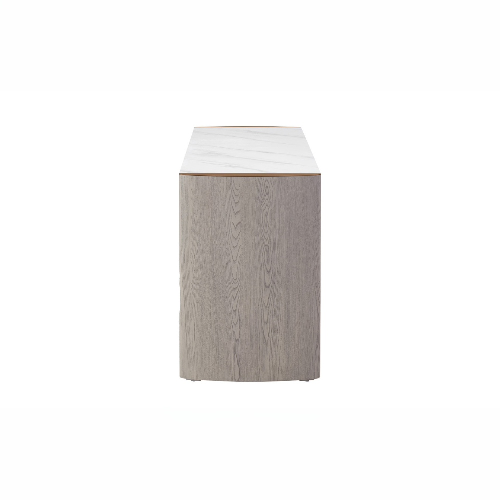The Mondello 2 Drawer Dressing Table in Washed Oak features a luxurious sintered stone top, sleek steel accents and storage for a stylish practical bedroom