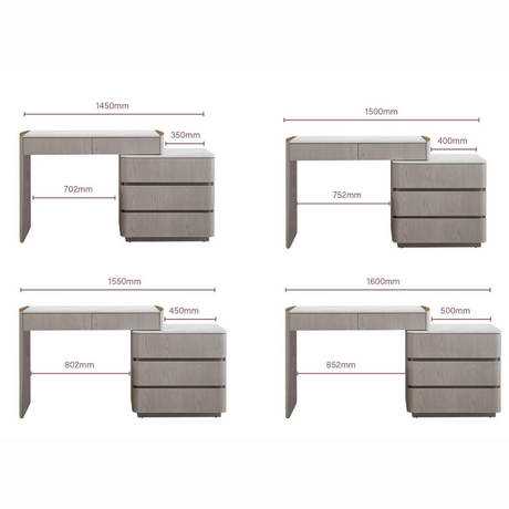 The Mondello 5 Drawer Dressing Table in Washed Oak features a sintered stone top, adjustable width and ample storage where luxury meets versatility