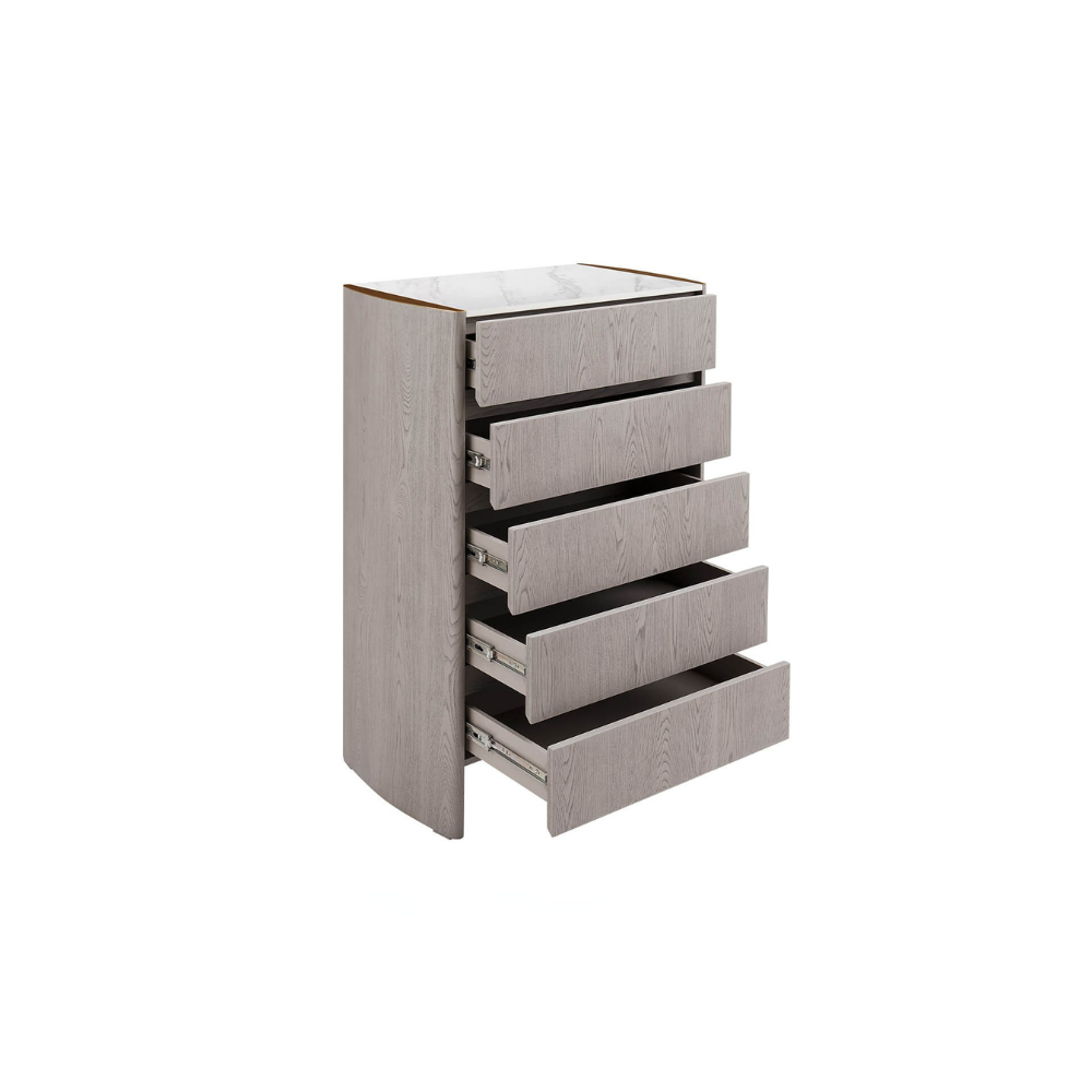 The Mondello Tall 5 Drawer Chest in Washed Oak offers a luxurious style, a durable stone top and five spacious drawers for elegant and practical storage