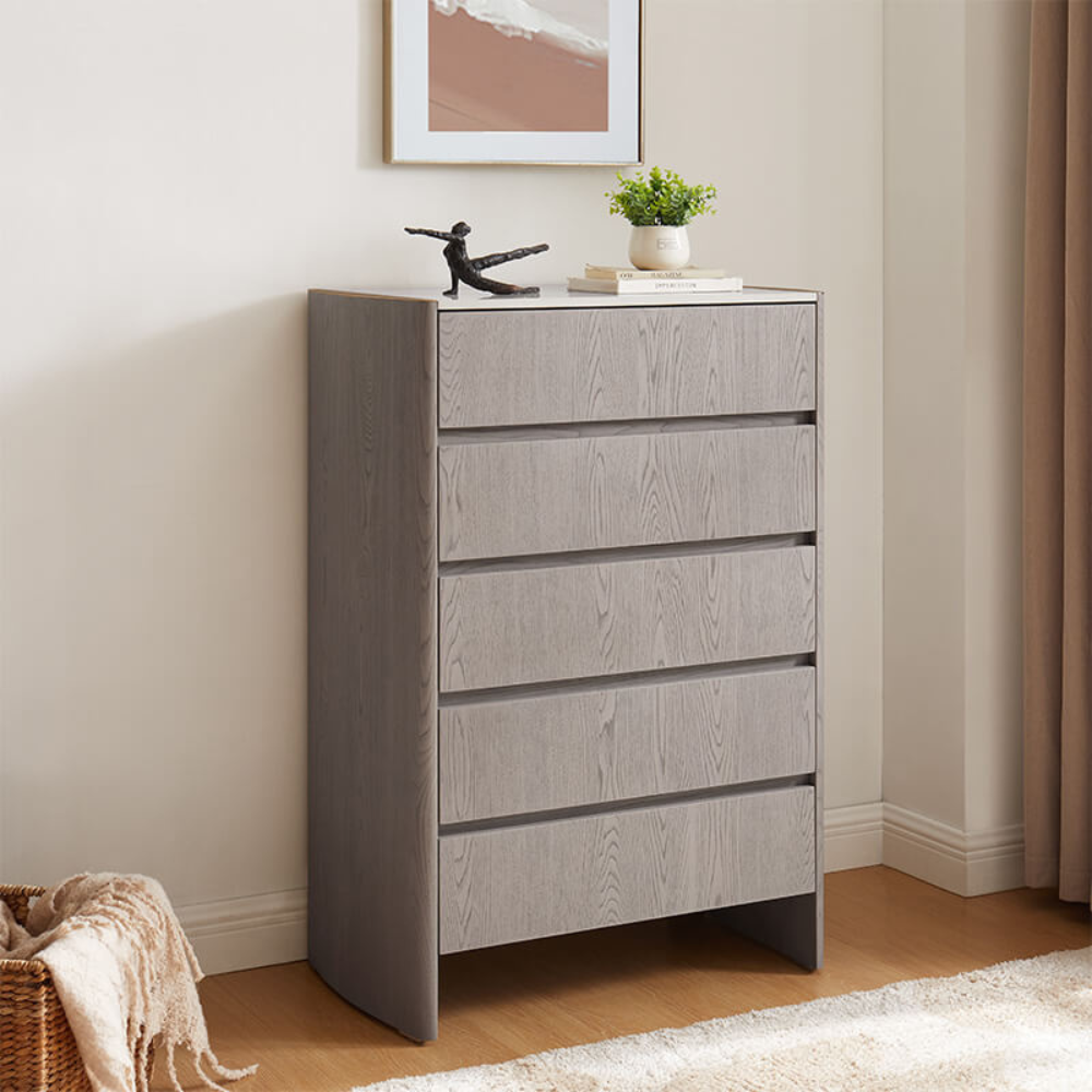 The Mondello Tall 5 Drawer Chest in Washed Oak offers a luxurious style, a durable stone top and five spacious drawers for elegant and practical storage