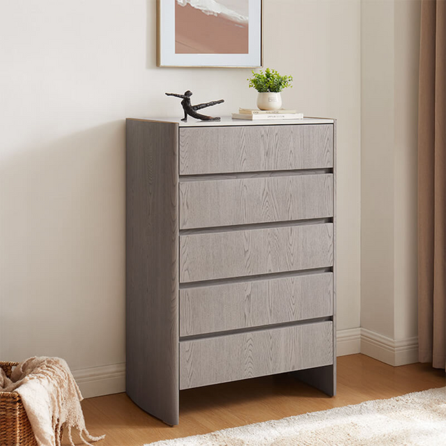 The Mondello Tall 5 Drawer Chest in Washed Oak offers a luxurious style, a durable stone top and five spacious drawers for elegant and practical storage