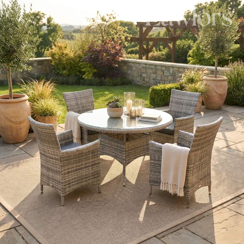 Outdoor garden furniture patio set with round table and chairs on a stone patio, surrounded by plants and garden.