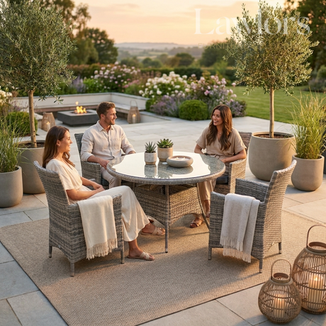 Two couples sitting around a garden furniture set in a garden setting with plants and lanterns.
