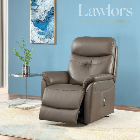 Grey leather lift & rise recliner chair in a room with a blue wall and abstract art.