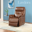 Brown leather lift & rise recliner chair in a room with blue walls and a painting.