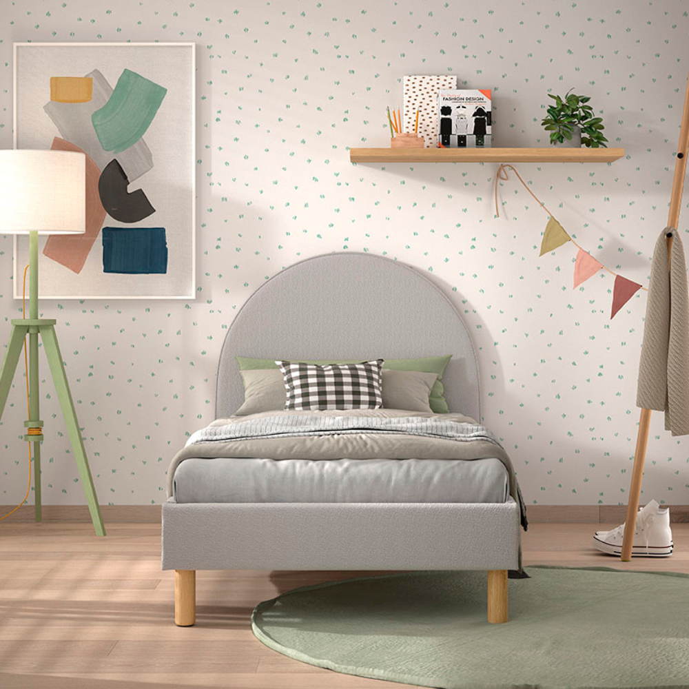 The Moon Kids Bed 90 x 200cm in Grey Boucle features a rounded headboard, soft upholstery and durable frame that is both cozy and stylish for any child