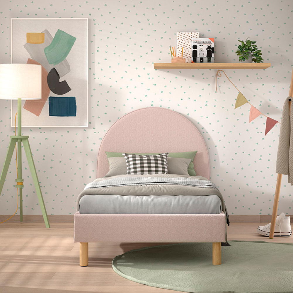 The Moon Kids Bed 90 x 200cm in Pink Boucle features a rounded headboard, soft upholstery and durable frame that is both cozy and stylish for any child