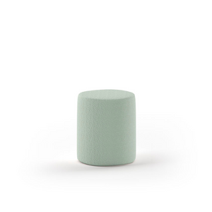 The Moon Kids Stool in Boucle is available in pink, white, grey and olive green, soft upholstery, multifunctional design and Belgian style