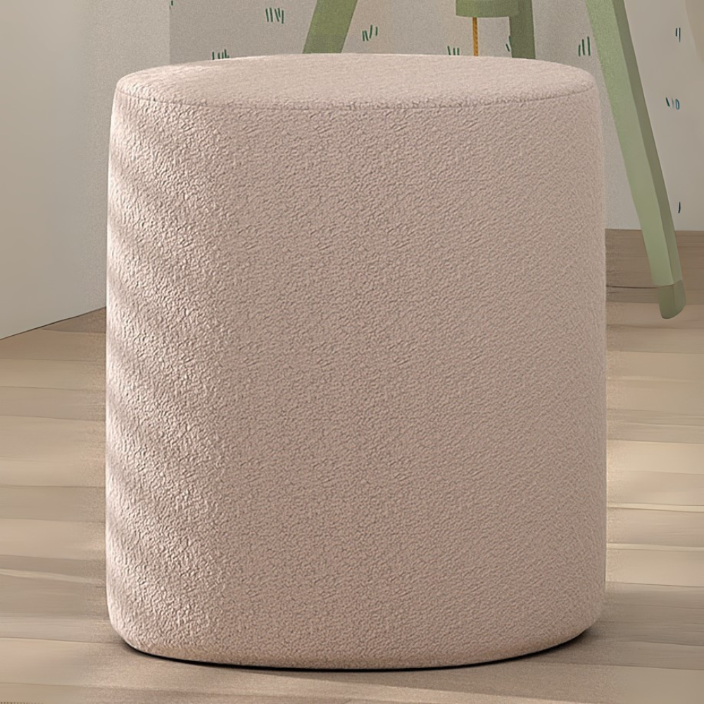 The Moon Kids Stool in Boucle is available in pink, white, grey and olive green, soft upholstery, multifunctional design and Belgian style