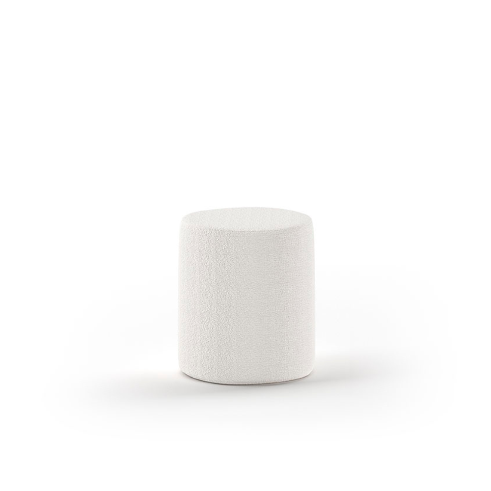 The Moon Kids Stool in Boucle is available in pink, white, grey and olive green, soft upholstery, multifunctional design and Belgian style