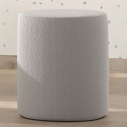 The Moon Kids Stool in Boucle is available in pink, white, grey and olive green, soft upholstery, multifunctional design and Belgian style