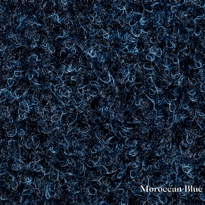 Textured blue fabric with 'Moroccan Blue' label