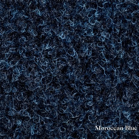 Textured blue fabric with 'Moroccan Blue' label