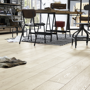 The Mountain Oak Beige Laminate Flooring - 12mm features long planks, AC5 durability, and 5G click installation system.