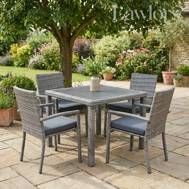 Outdoor garden furniture patio set with a table and chairs on a stone patio, surrounded by garden plants and flowers.