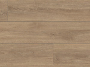 The Cashmere Oak Long & Wide Laminate Flooring - 12mm features AC5 wear rating, waterproof, 30-year guarantee, authentic wood look, underfloor heating compatible, easy installation.