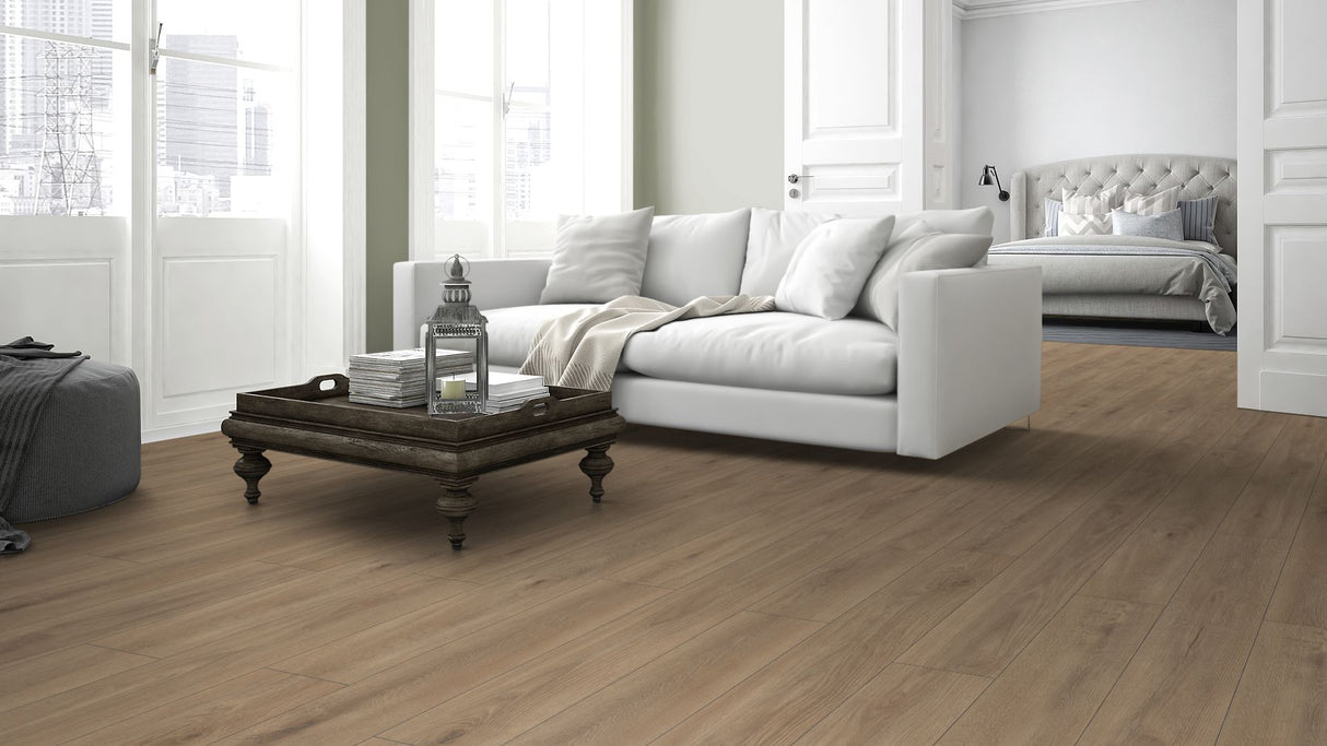 The Cashmere Oak Long & Wide Laminate Flooring - 12mm features AC5 wear rating, waterproof, 30-year guarantee, authentic wood look, underfloor heating compatible, easy installation.