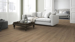 The Cashmere Oak Long & Wide Laminate Flooring - 12mm features AC5 wear rating, waterproof, 30-year guarantee, authentic wood look, underfloor heating compatible, easy installation.