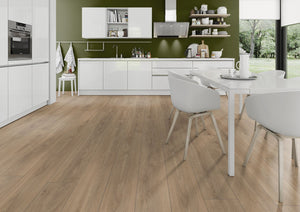The Cashmere Oak Long & Wide Laminate Flooring - 12mm features AC5 wear rating, waterproof, 30-year guarantee, authentic wood look, underfloor heating compatible, easy installation.